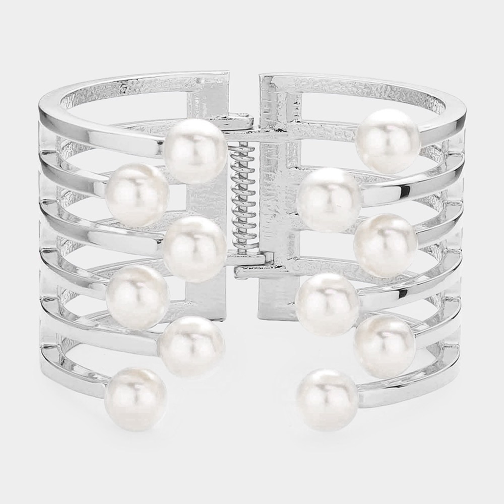 Silver pearl hinged cuff bracelet